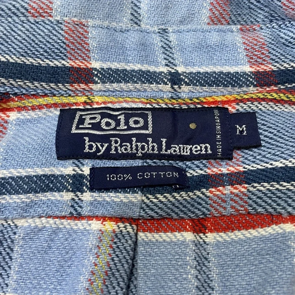 Polo Ralph Lauren 100% Cotton Flannel Shirt Mens M Blue Plaid Vintage‎ 90s Flap